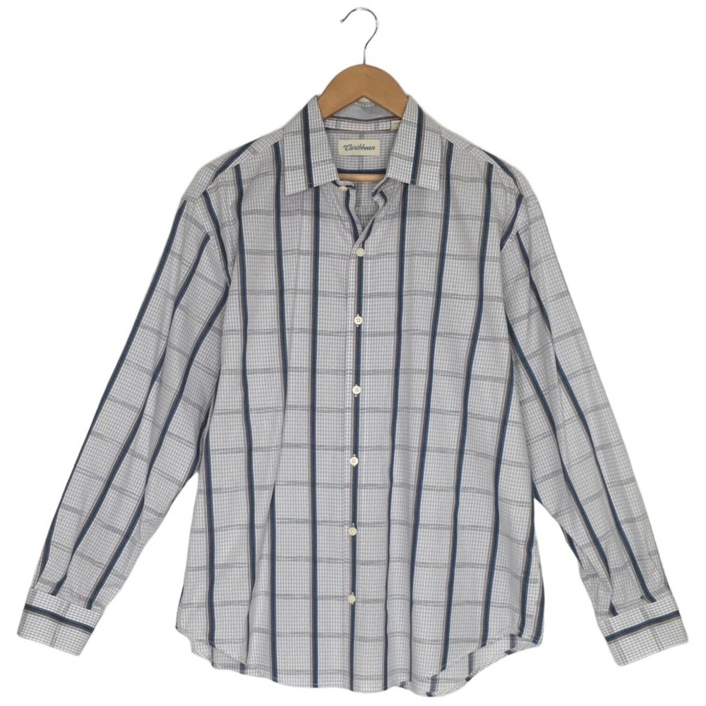 Caribbean Mens Size L Plaid Button Up Long Sleeve Collared Shirt Morrocan Blue